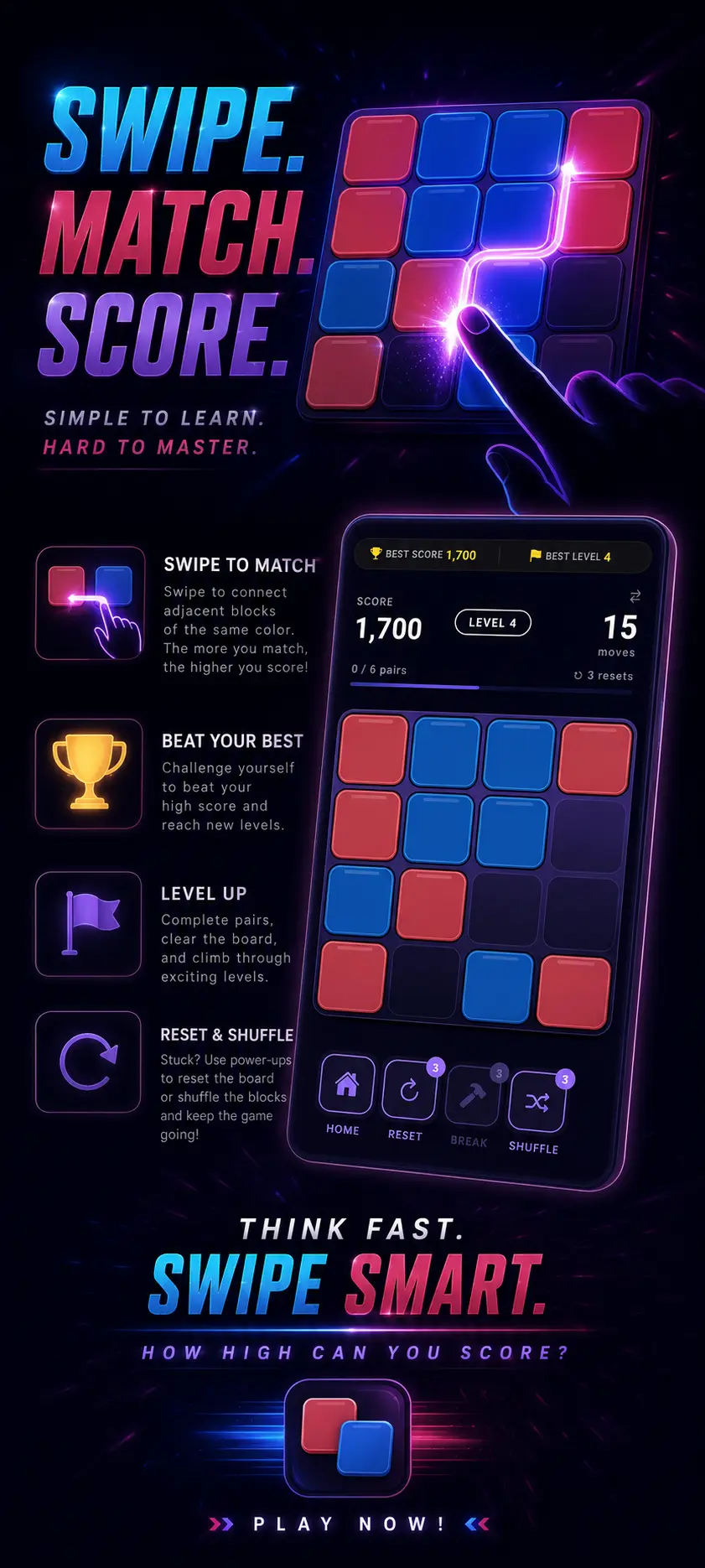 HueDrift color matching puzzle game promo showing swipe-to-match gameplay