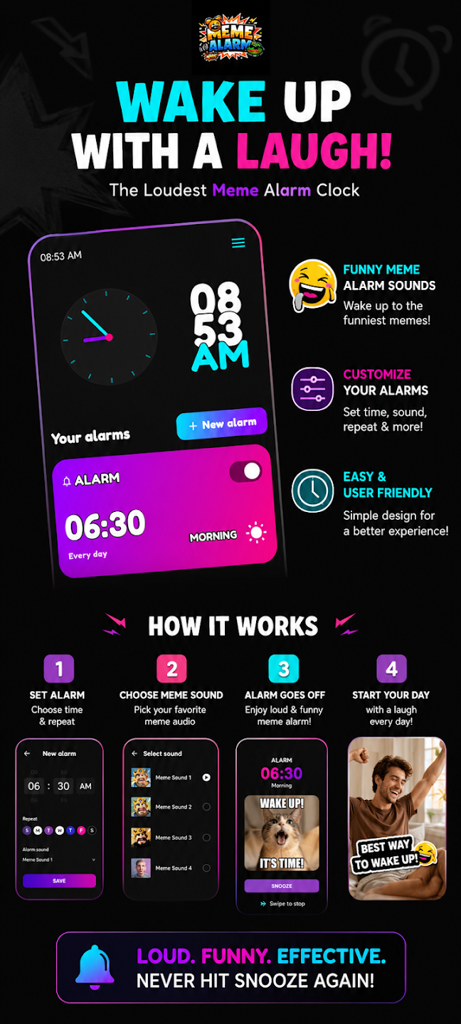 Loud Meme Alarm Clock app screenshot showing the alarm interface with meme sounds