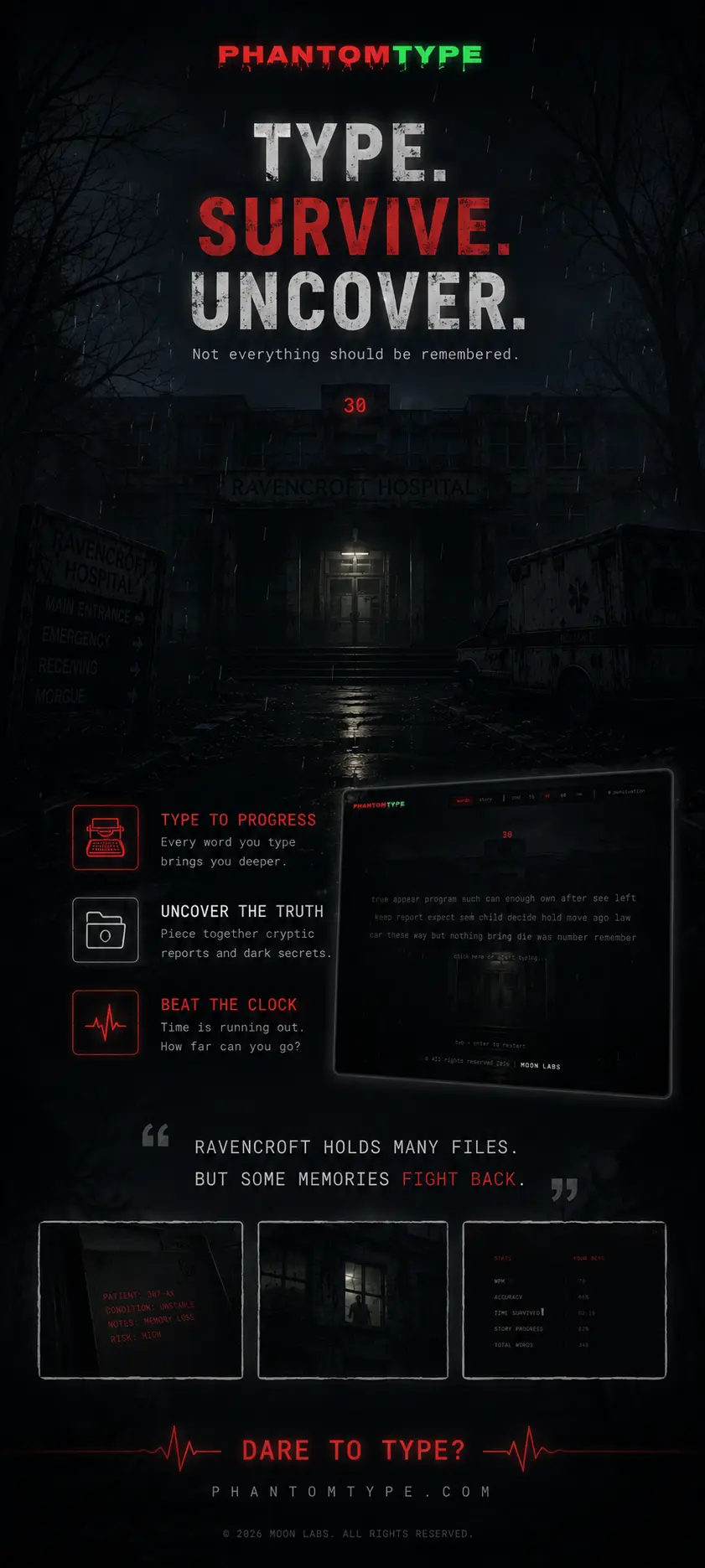 PhantomType horror typing test promo showing timed WPM modes and story practice